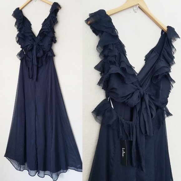 NEW Lulus Navy Blue Ruffled Tie-Back Maxi Dress S Gown Chiffon Fairy Romantic - Picture 7 of 16